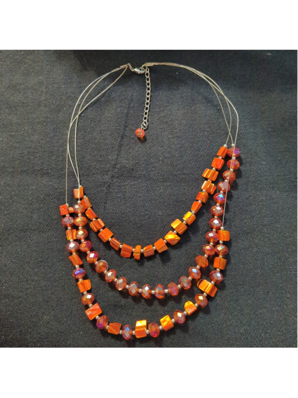 Silver Tone Orange Crystal and Shell Beaded Layered Statement Necklace